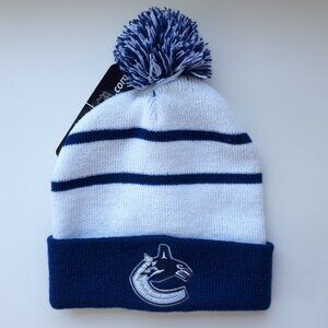 NHL: Vancouver Canucks Orca Logo Pom Beanie - White and Navy stripes